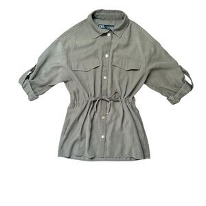 Zara Women's Army Green Button Up Overshirt with Drawstring Size XS EUC